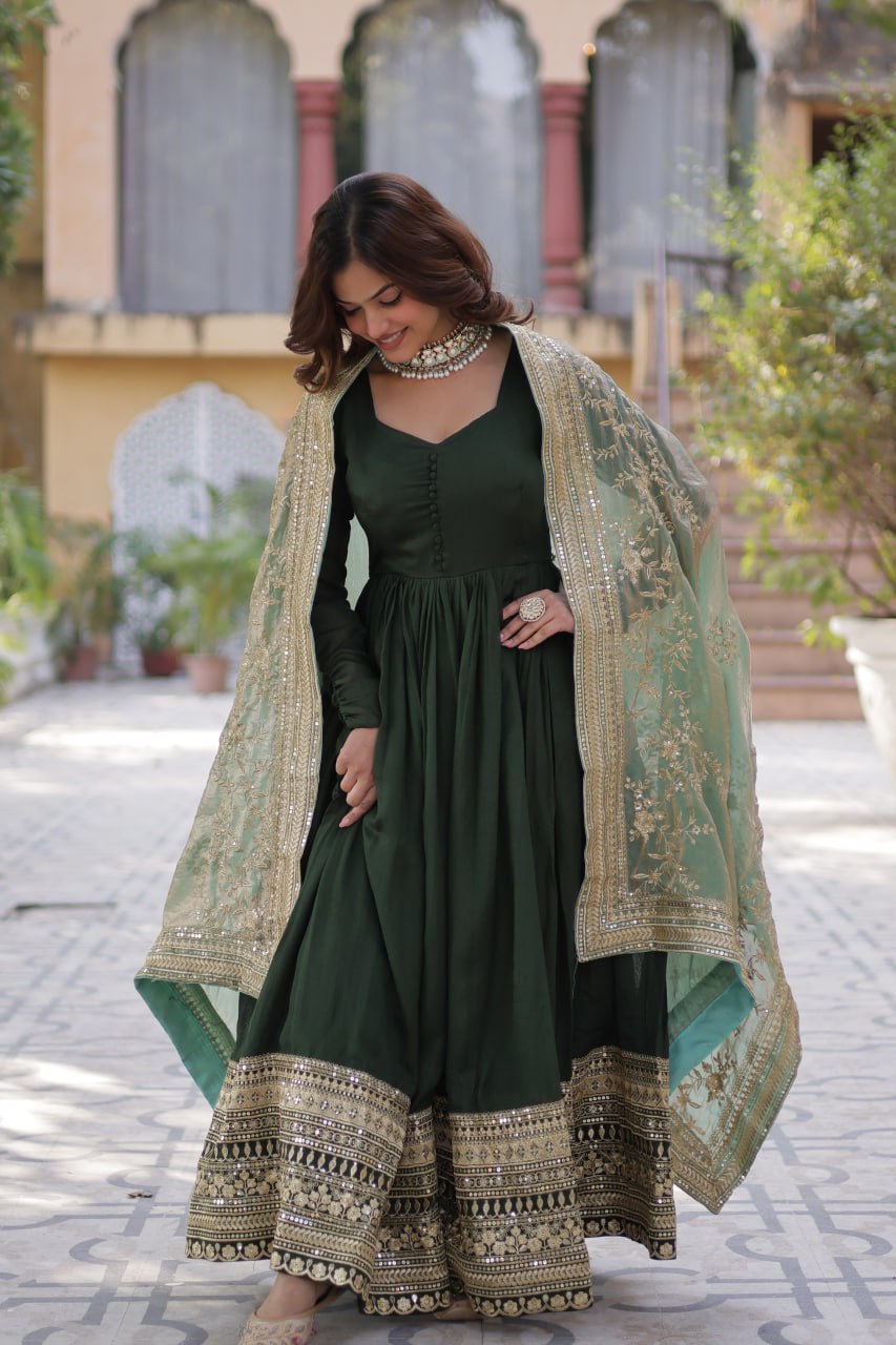 "Elegant Shimmer Vichitra Embroidered Gown with Sequins and Fendi Dupatta with Lace Border"