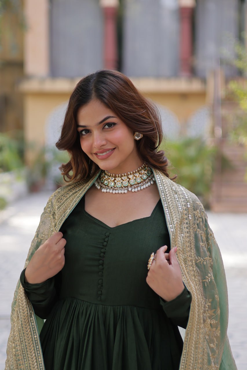 "Elegant Shimmer Vichitra Embroidered Gown with Sequins and Fendi Dupatta with Lace Border"