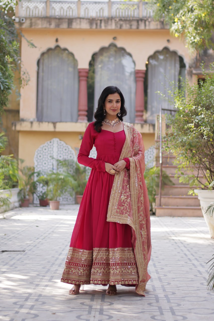"Elegant Shimmer Vichitra Embroidered Gown with Sequins and Fendi Dupatta with Lace Border"