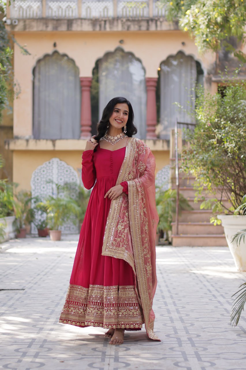 "Elegant Shimmer Vichitra Embroidered Gown with Sequins and Fendi Dupatta with Lace Border"