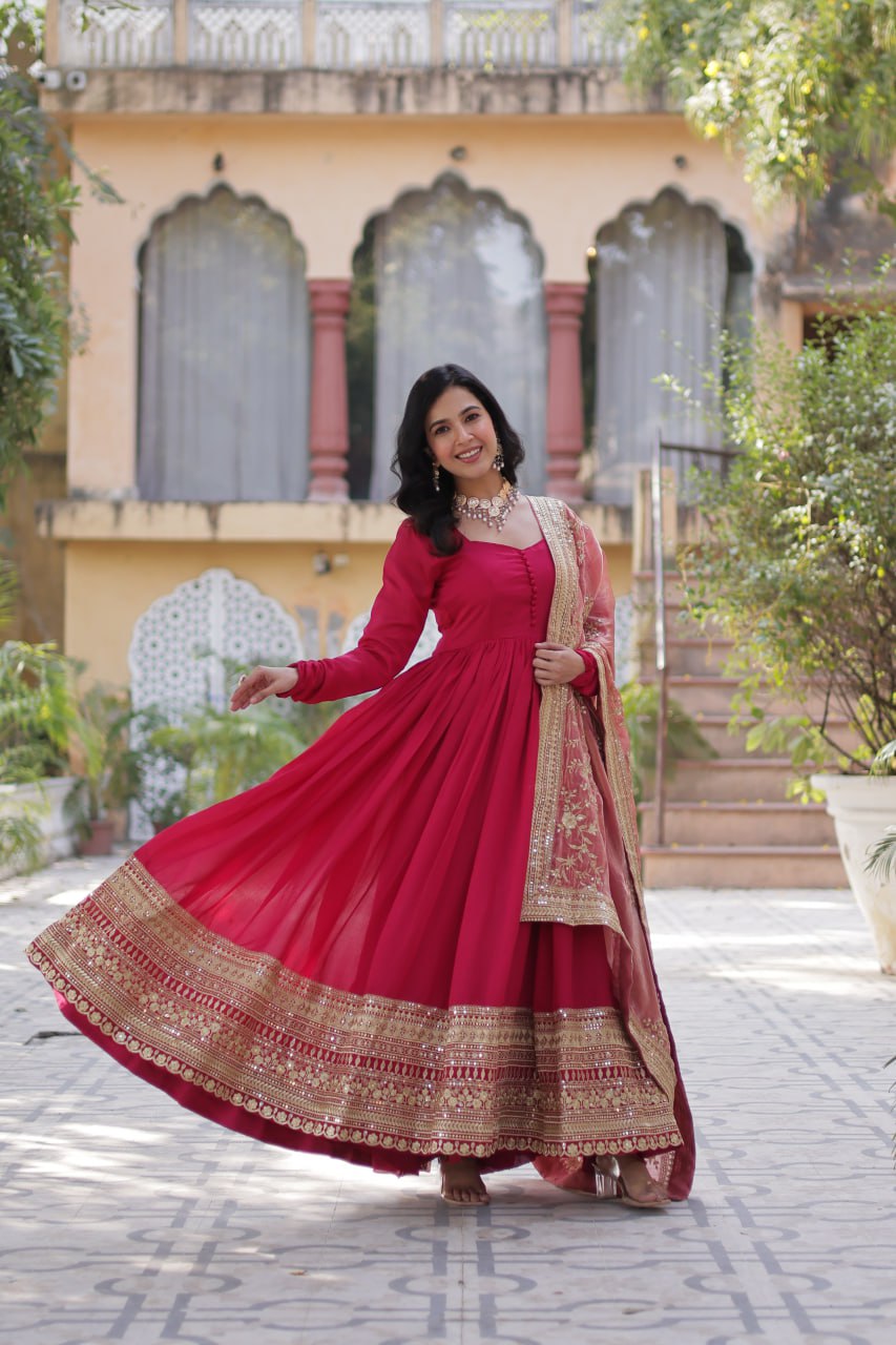 "Elegant Shimmer Vichitra Embroidered Gown with Sequins and Fendi Dupatta with Lace Border"
