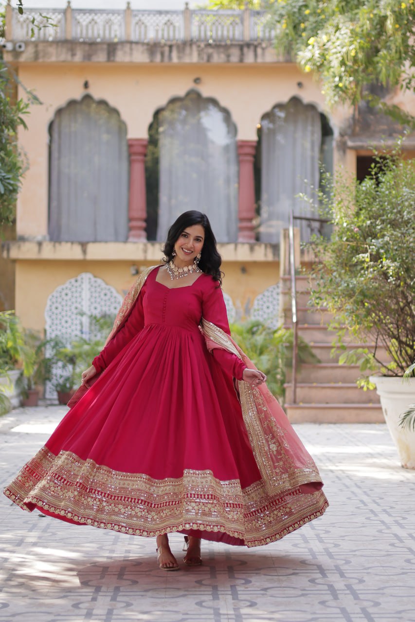 "Elegant Shimmer Vichitra Embroidered Gown with Sequins and Fendi Dupatta with Lace Border"
