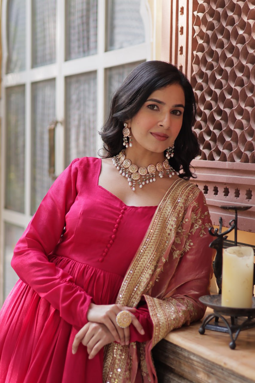"Elegant Shimmer Vichitra Embroidered Gown with Sequins and Fendi Dupatta with Lace Border"