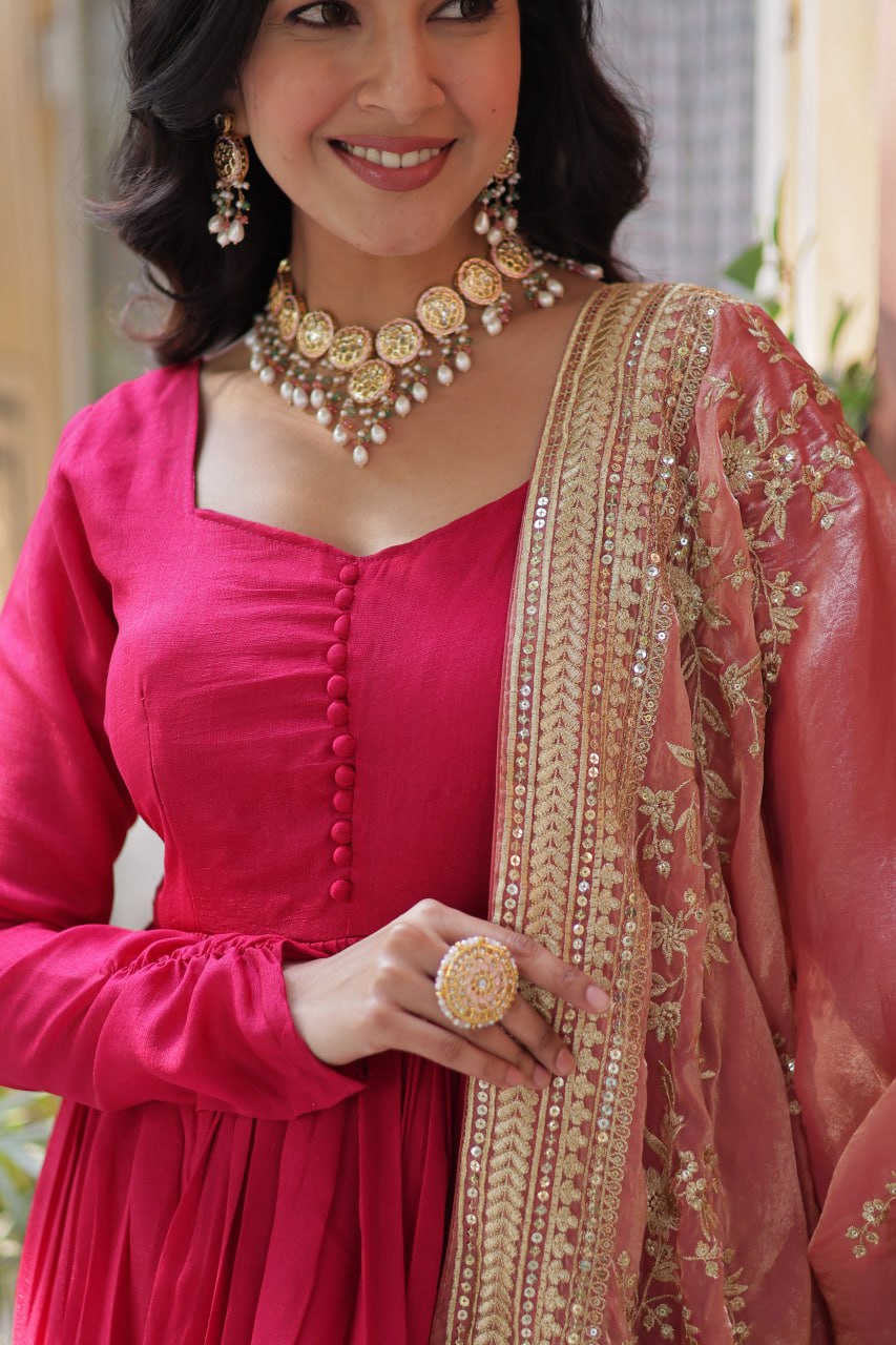 "Elegant Shimmer Vichitra Embroidered Gown with Sequins and Fendi Dupatta with Lace Border"