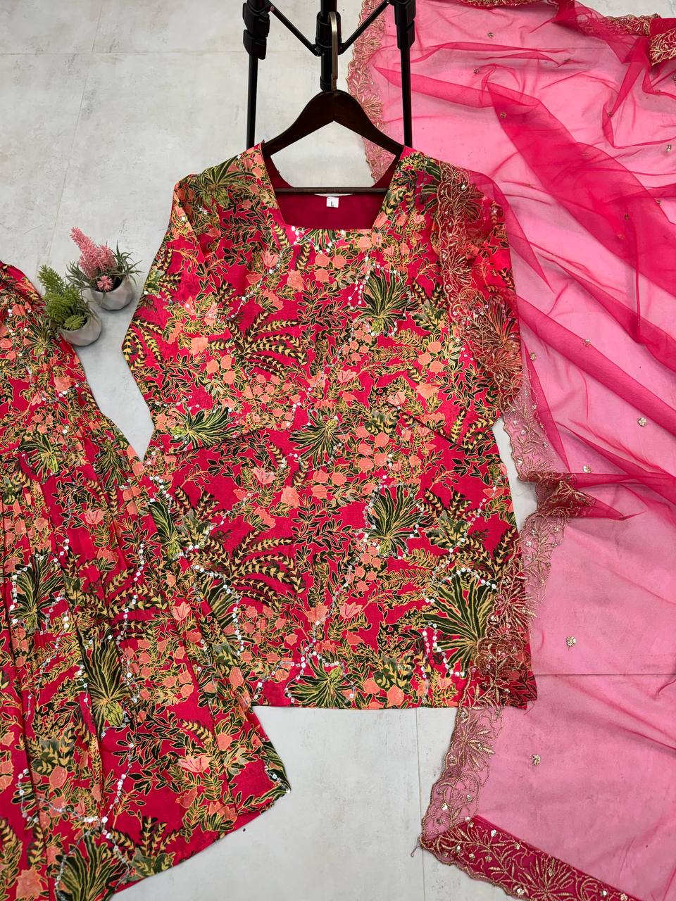 "Elegant Chinon Suit with Sequence Embroidery and Sharara Set"