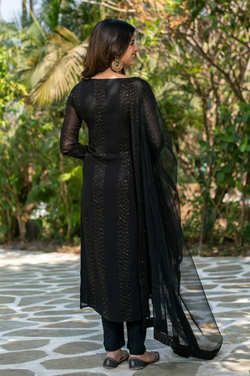 Black Faux Georgette Kurta Pant with Dupatta