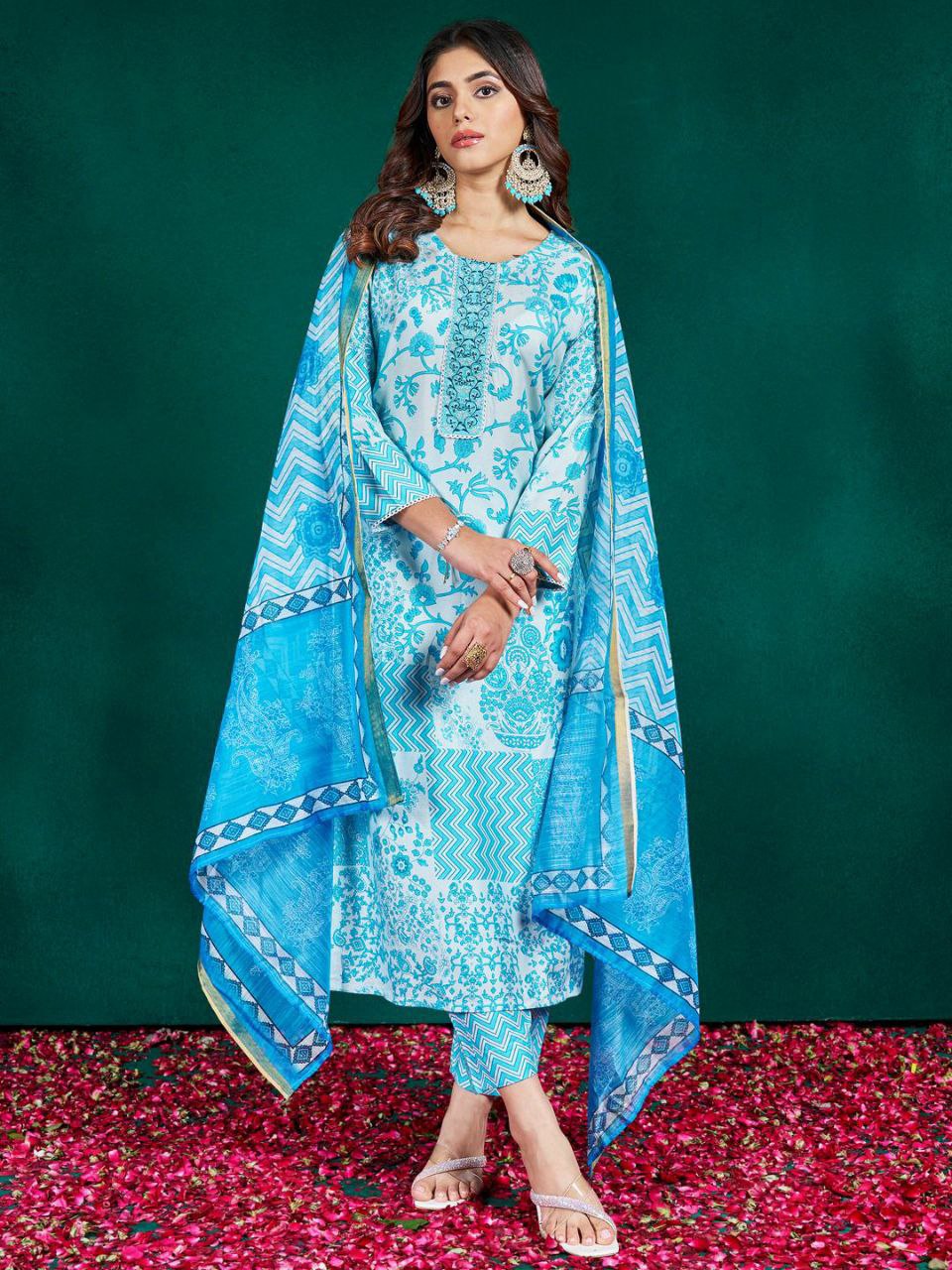 "Elegant Sky Blue Rayon Kurti Set with Embroidery & Sequence Work, Fancy Dupatta"