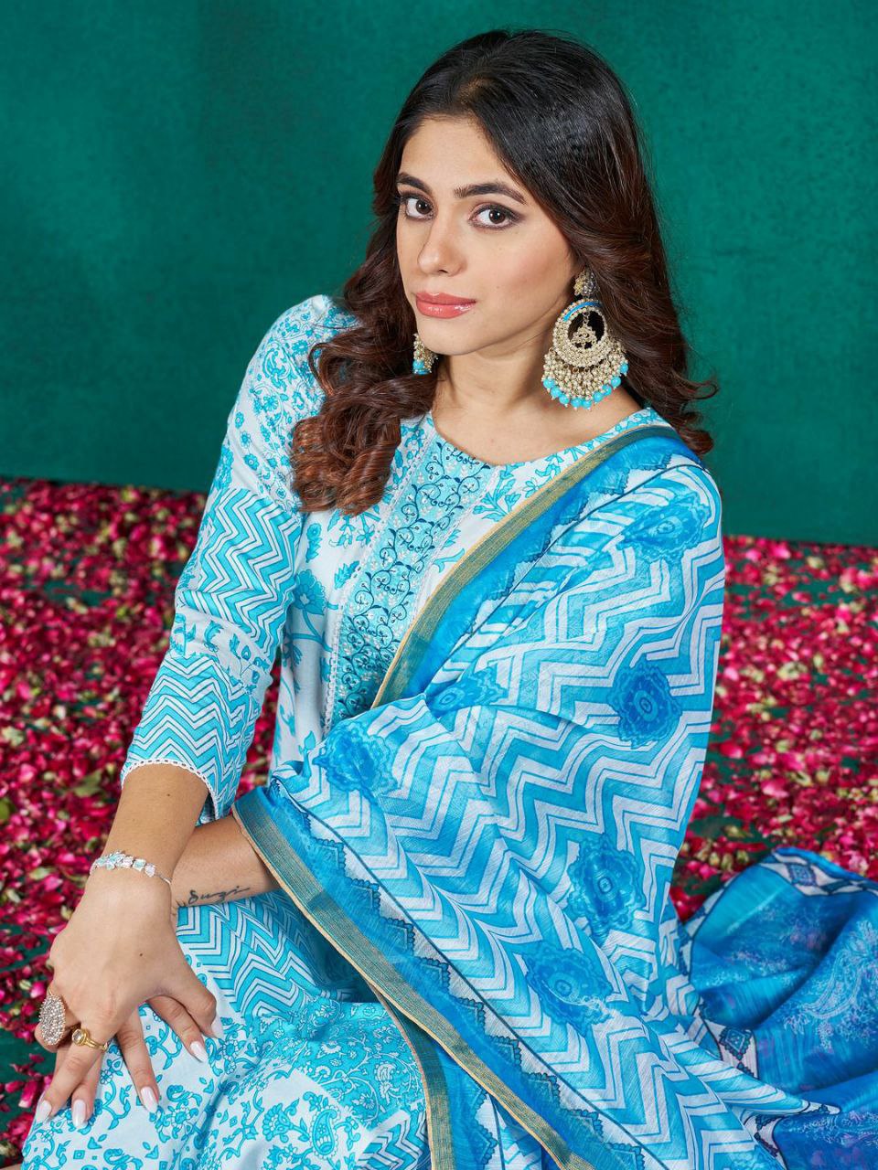 "Elegant Sky Blue Rayon Kurti Set with Embroidery & Sequence Work, Fancy Dupatta"
