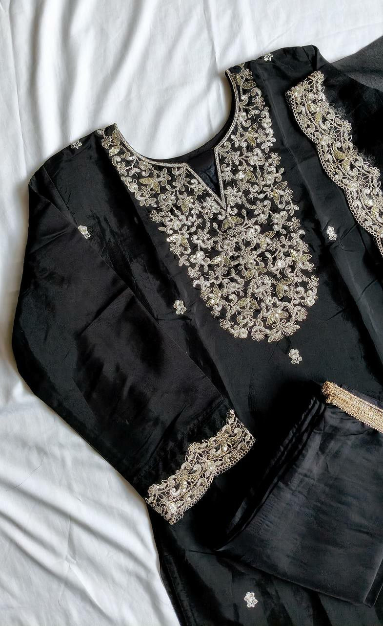 "Elegant Heavy Roman Silk Three-Piece Set with Multi-Thread Embroidery"