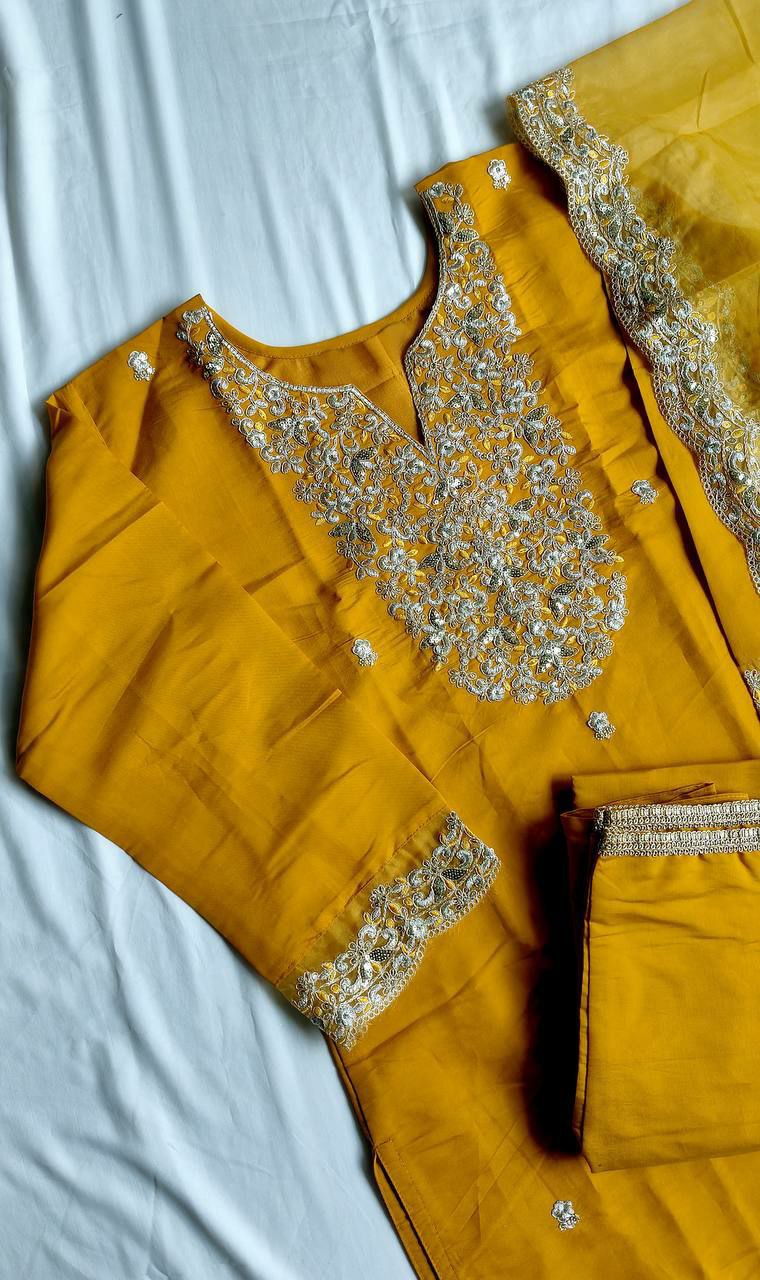 "Elegant Heavy Roman Silk Three-Piece Set with Multi-Thread Embroidery"