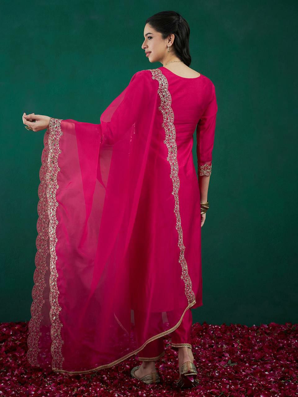 "Elegant Heavy Roman Silk Three-Piece Set with Multi-Thread Embroidery"