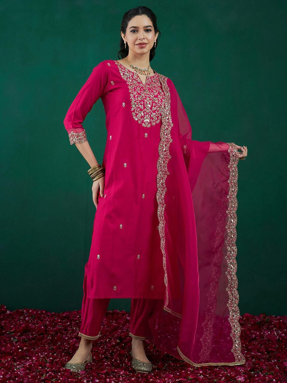 "Elegant Heavy Roman Silk Three-Piece Set with Multi-Thread Embroidery"