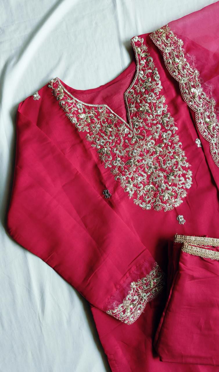 "Elegant Heavy Roman Silk Three-Piece Set with Multi-Thread Embroidery"