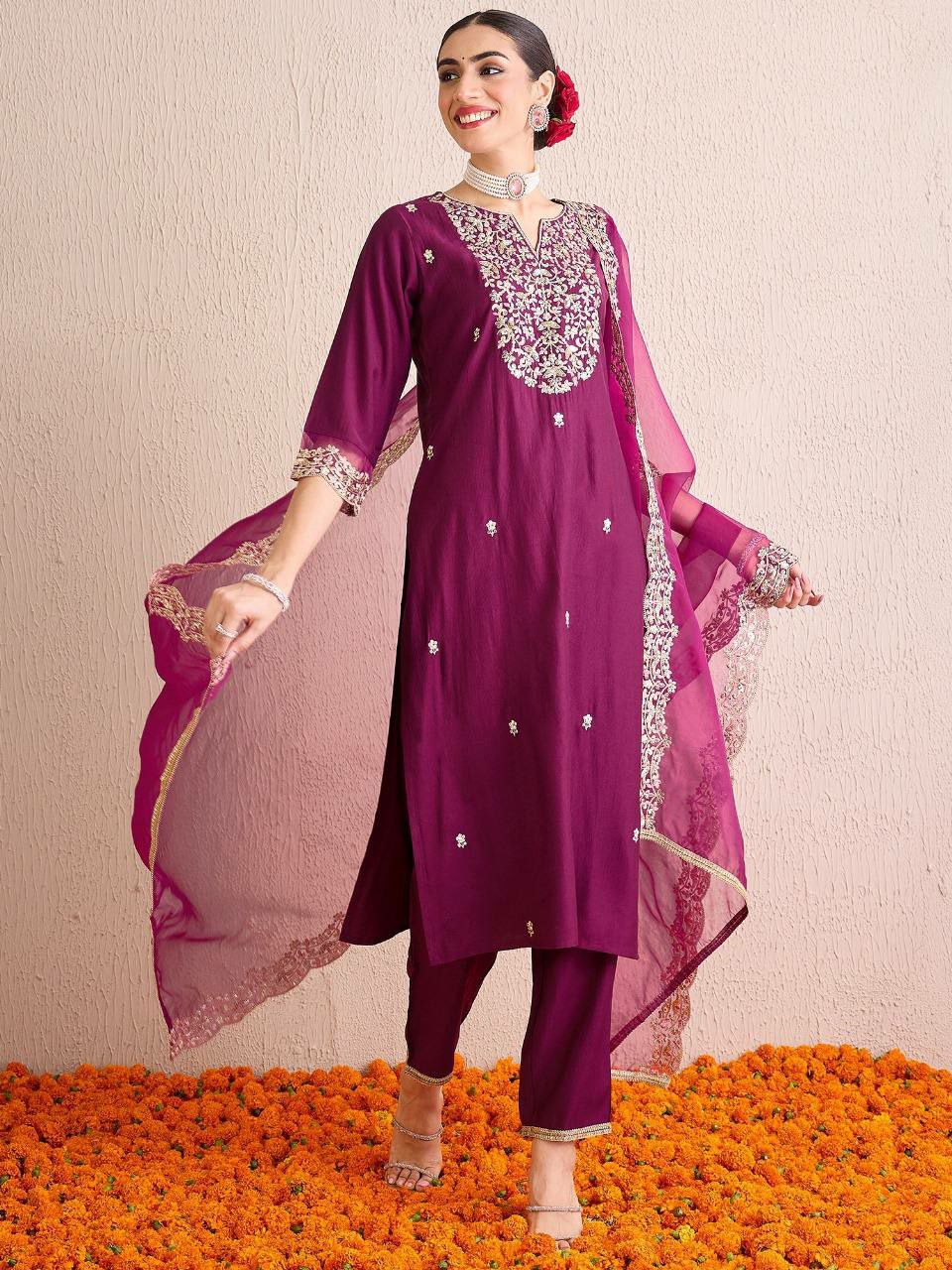 "Elegant Heavy Roman Silk Three-Piece Set with Multi-Thread Embroidery"