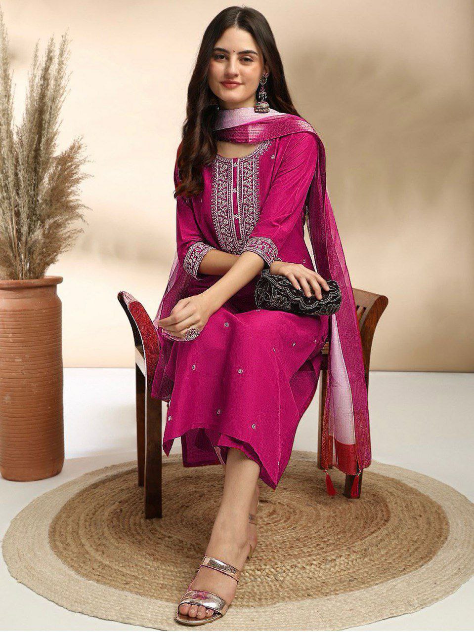 "Elegant Heavy Roman Embroidered Suit with Digital Print Duppatta – Available in 4 Colors"