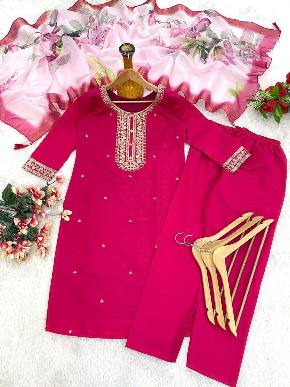 "Elegant Heavy Roman Embroidered Suit with Digital Print Duppatta – Available in 4 Colors"