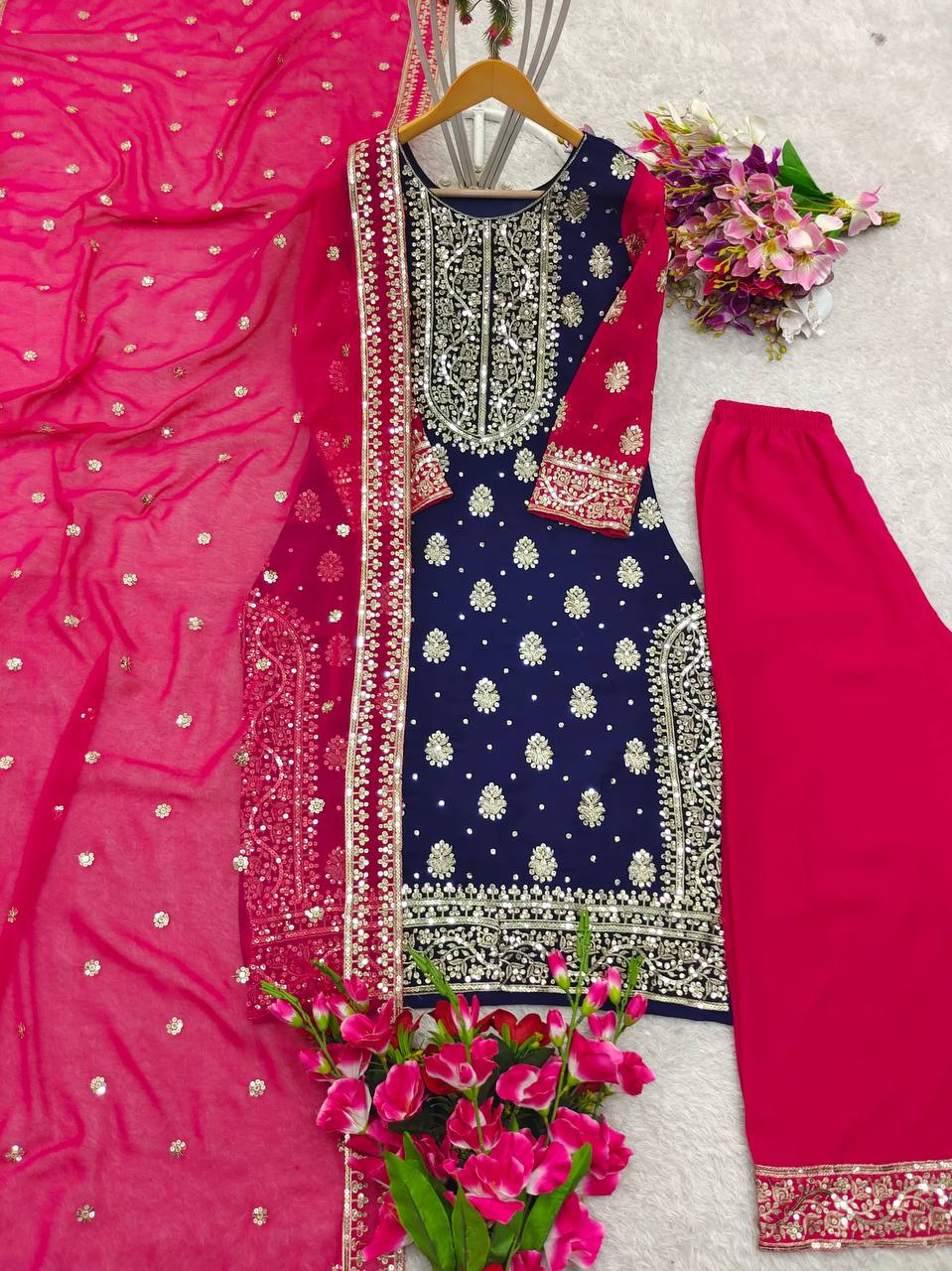 "Elegant Pure Fox Georgette Ensemble with Heavy Embroidery"