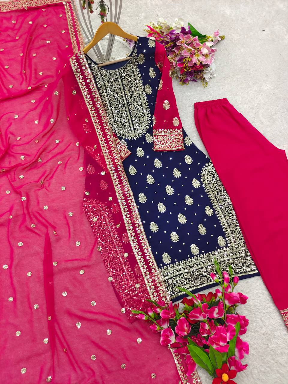 "Elegant Pure Fox Georgette Ensemble with Heavy Embroidery"