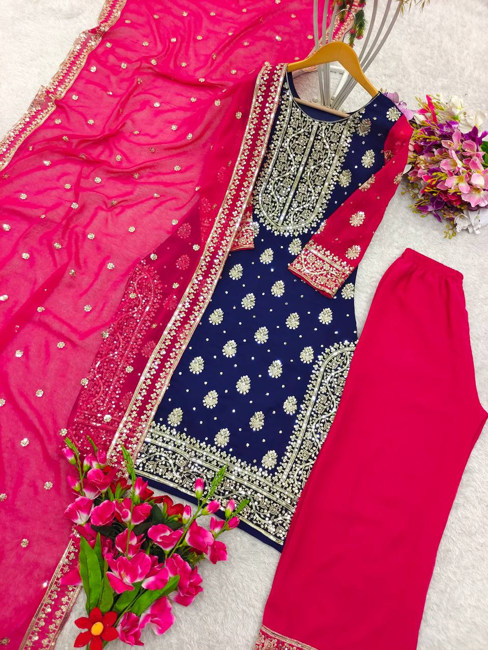 "Elegant Pure Fox Georgette Ensemble with Heavy Embroidery"