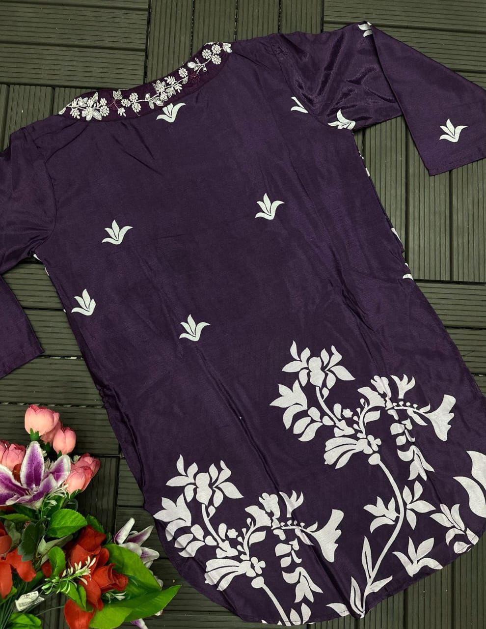 “Elegant Chinon Plazzo Set with Embroidered Koti & Stitched Blouse”