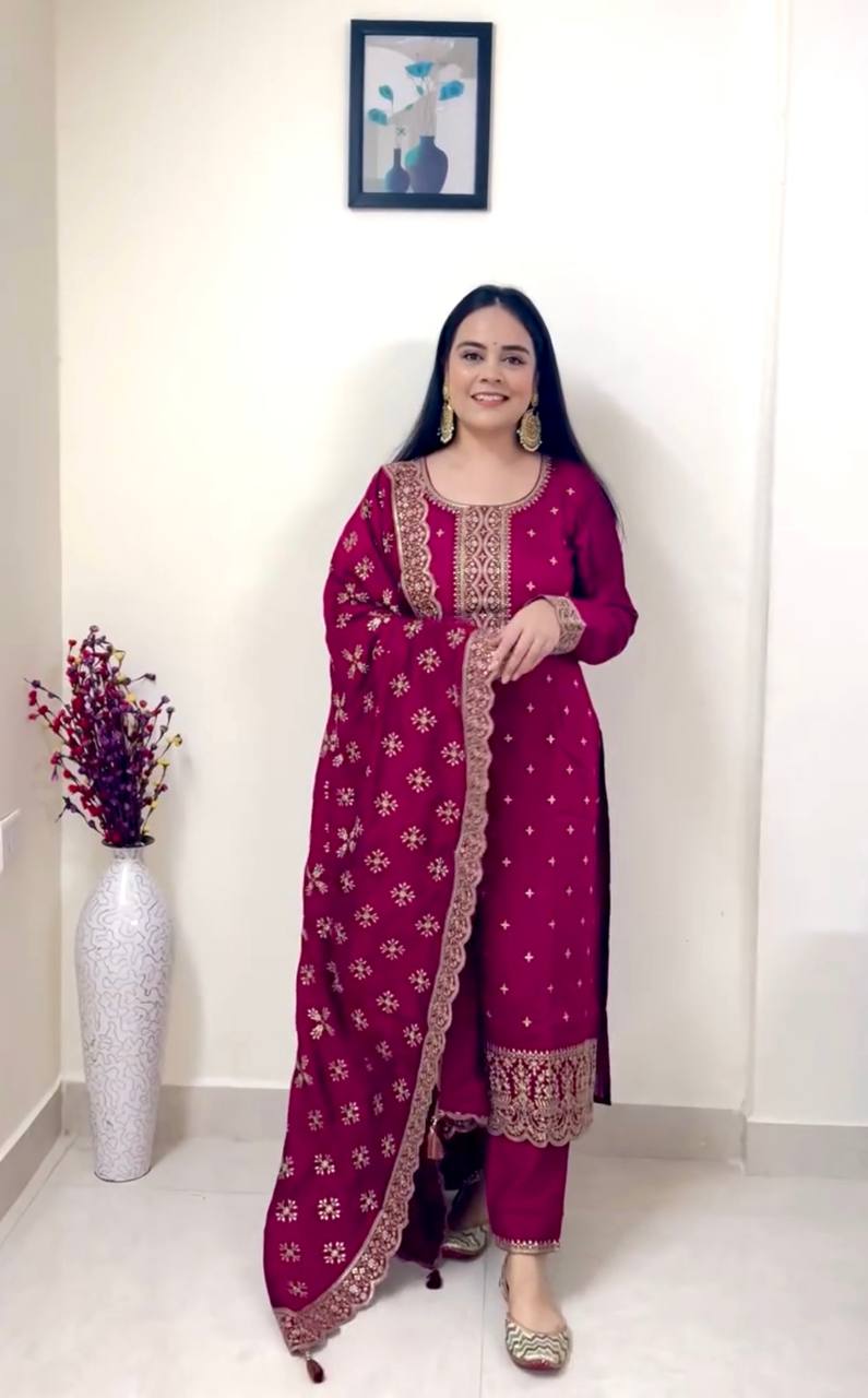"Elegant Pure Vichitra Silk Outfit with Heavy Embroidery – Top, Pent, and Dupatta Set"