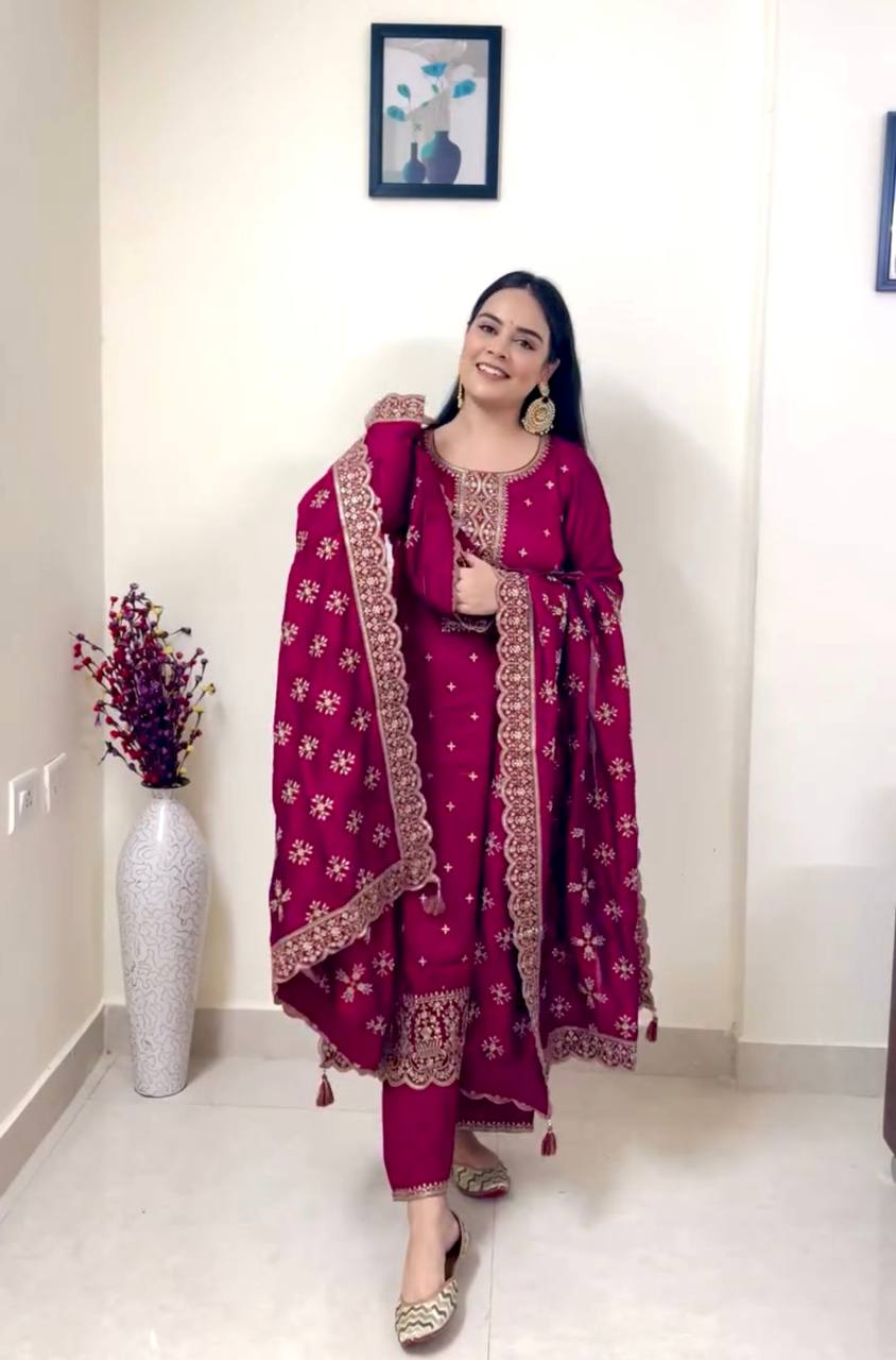 "Elegant Pure Vichitra Silk Outfit with Heavy Embroidery – Top, Pent, and Dupatta Set"