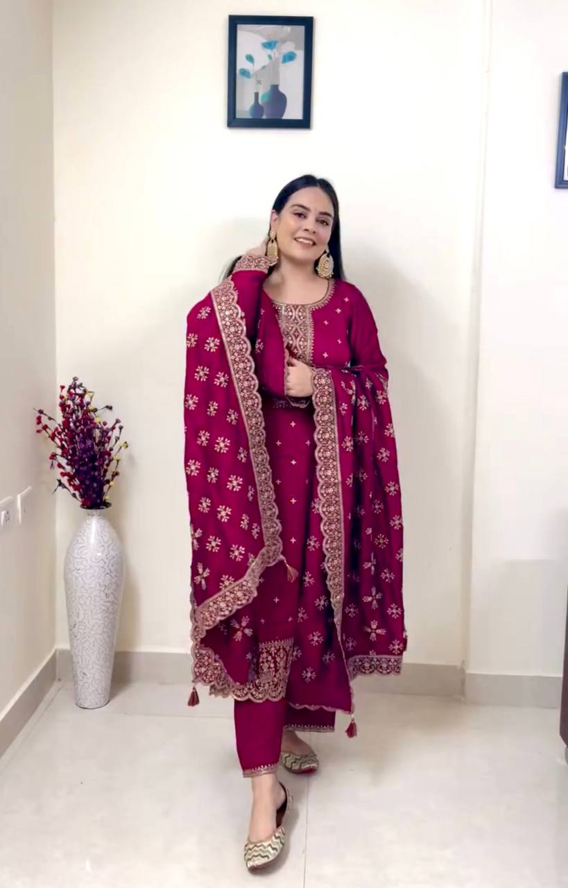 "Elegant Pure Vichitra Silk Outfit with Heavy Embroidery – Top, Pent, and Dupatta Set"