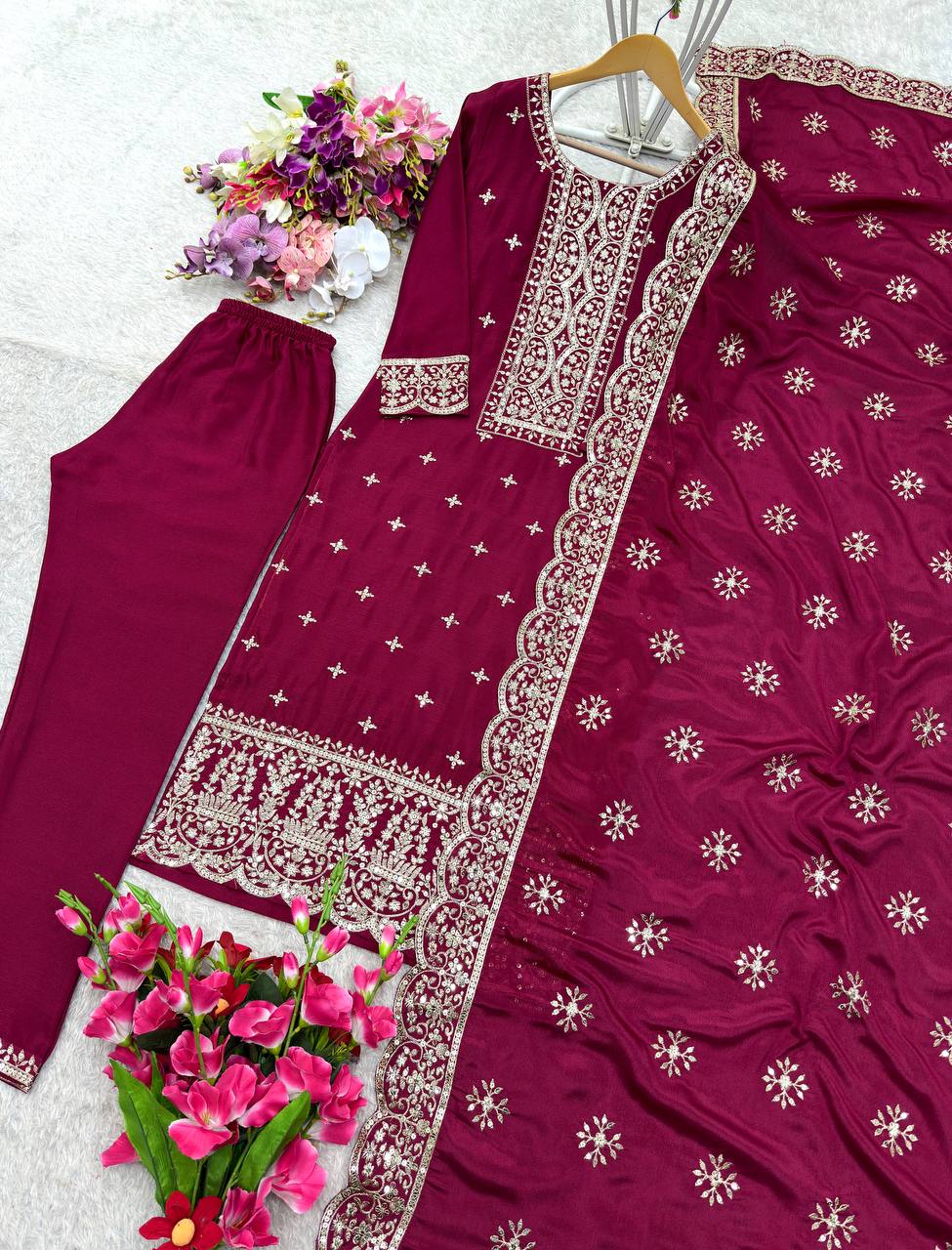 "Elegant Pure Vichitra Silk Outfit with Heavy Embroidery – Top, Pent, and Dupatta Set"