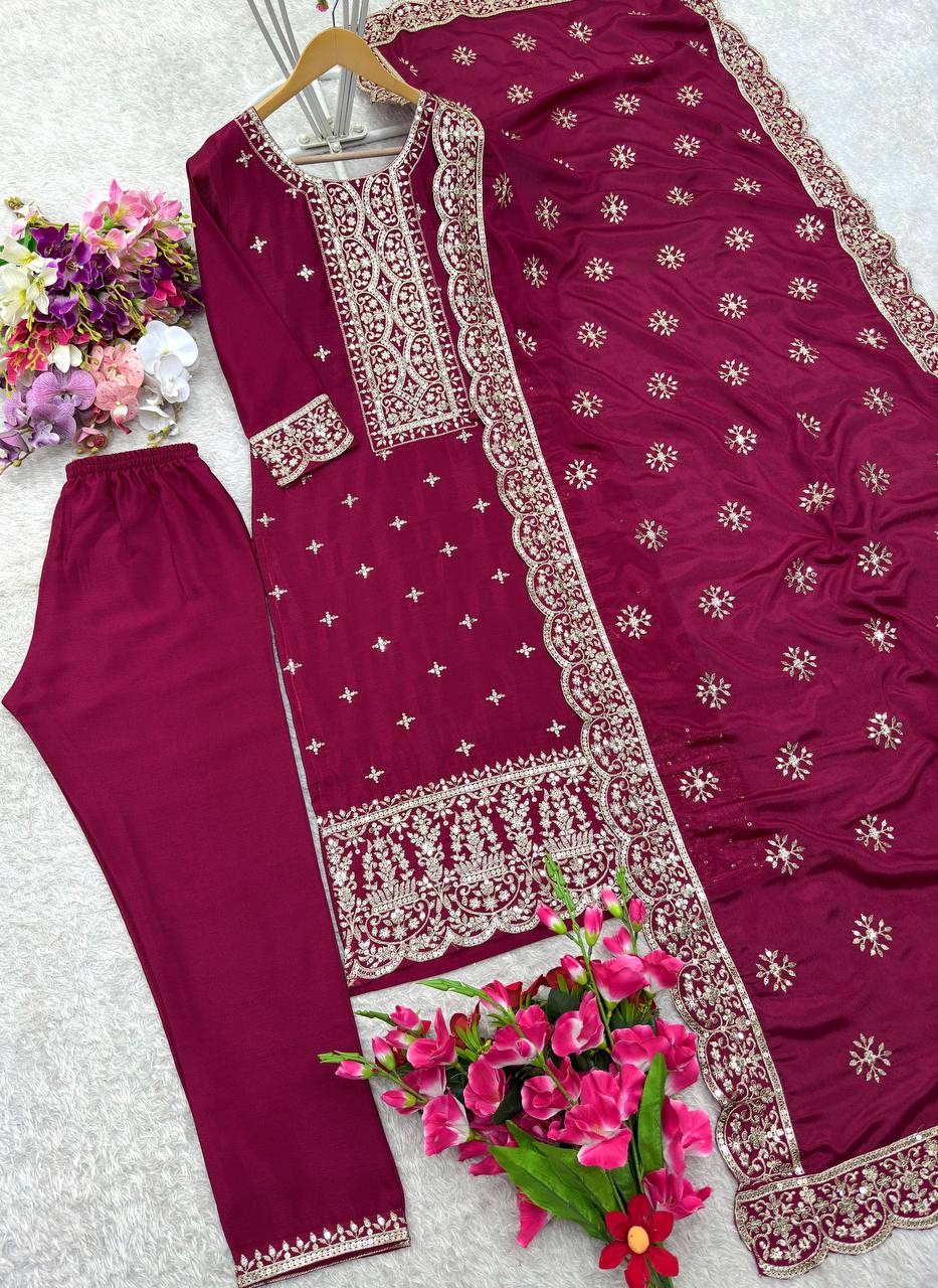 "Elegant Pure Vichitra Silk Outfit with Heavy Embroidery – Top, Pent, and Dupatta Set"