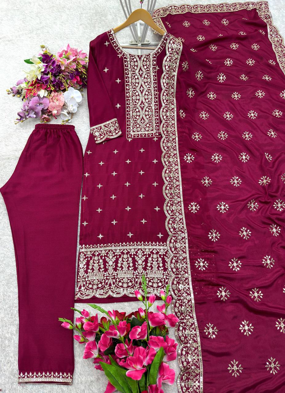 "Elegant Pure Vichitra Silk Outfit with Heavy Embroidery – Top, Pent, and Dupatta Set"