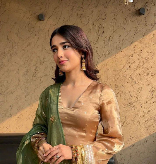 "Luxury Jimmy Choo Embroidered Nayra Cut Set with Sequence Work & Silver Gold Dupatta"