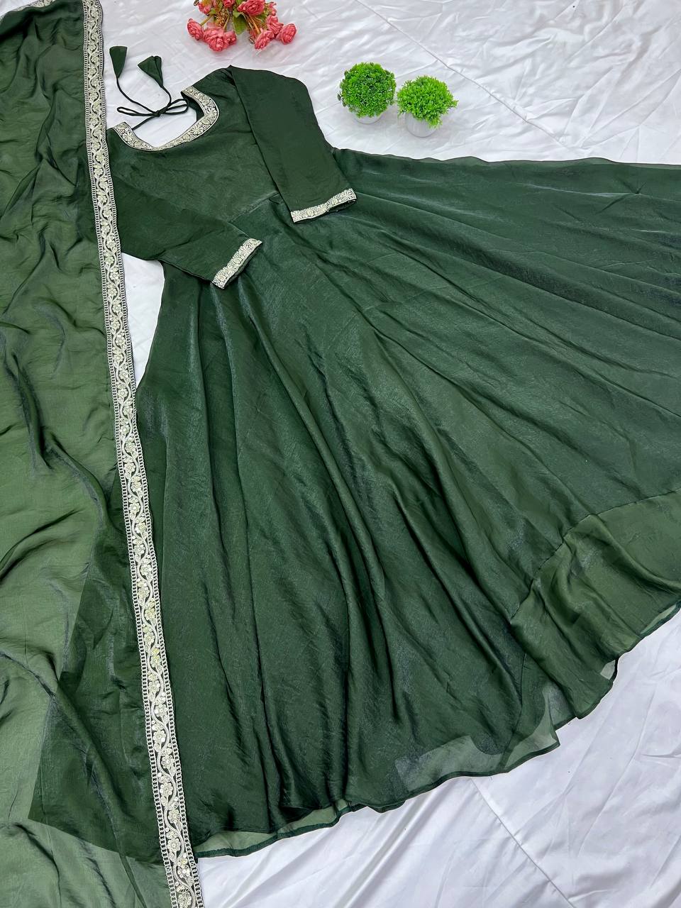 "Royal Elegance: Heavy Fandy Silk Gown with Embroidery Sequence Work & Full Flair"