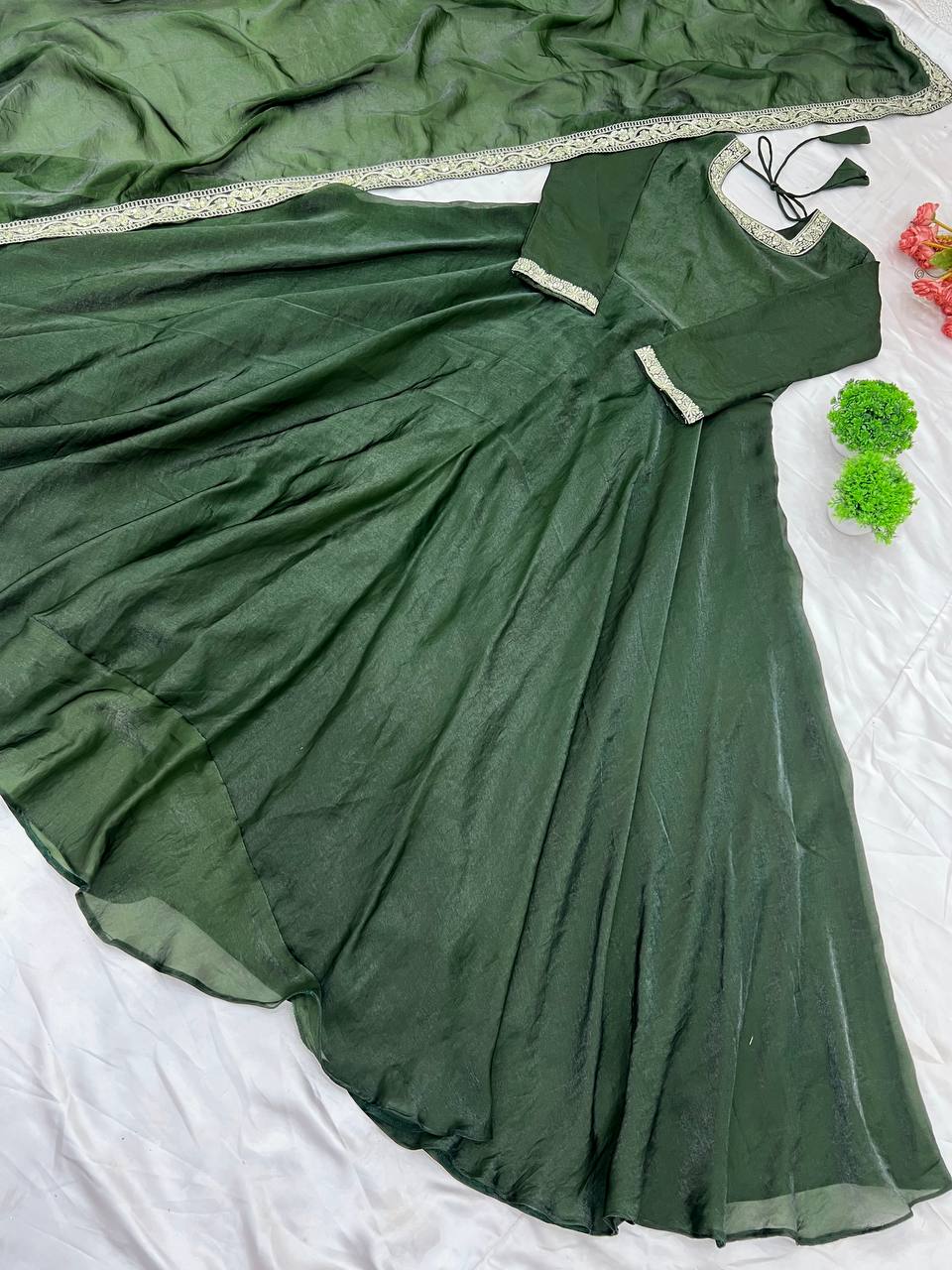 "Royal Elegance: Heavy Fandy Silk Gown with Embroidery Sequence Work & Full Flair"