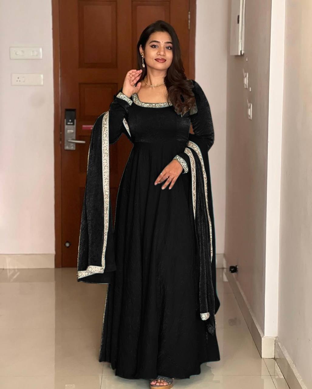 "Royal Elegance: Heavy Fandy Silk Gown with Embroidery Sequence Work & Full Flair"