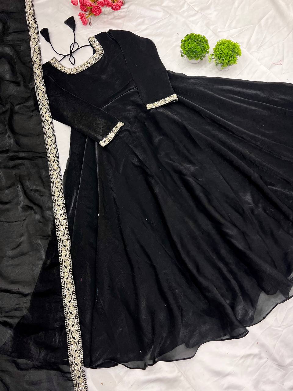 "Royal Elegance: Heavy Fandy Silk Gown with Embroidery Sequence Work & Full Flair"