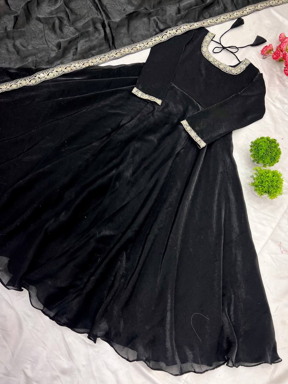 "Royal Elegance: Heavy Fandy Silk Gown with Embroidery Sequence Work & Full Flair"