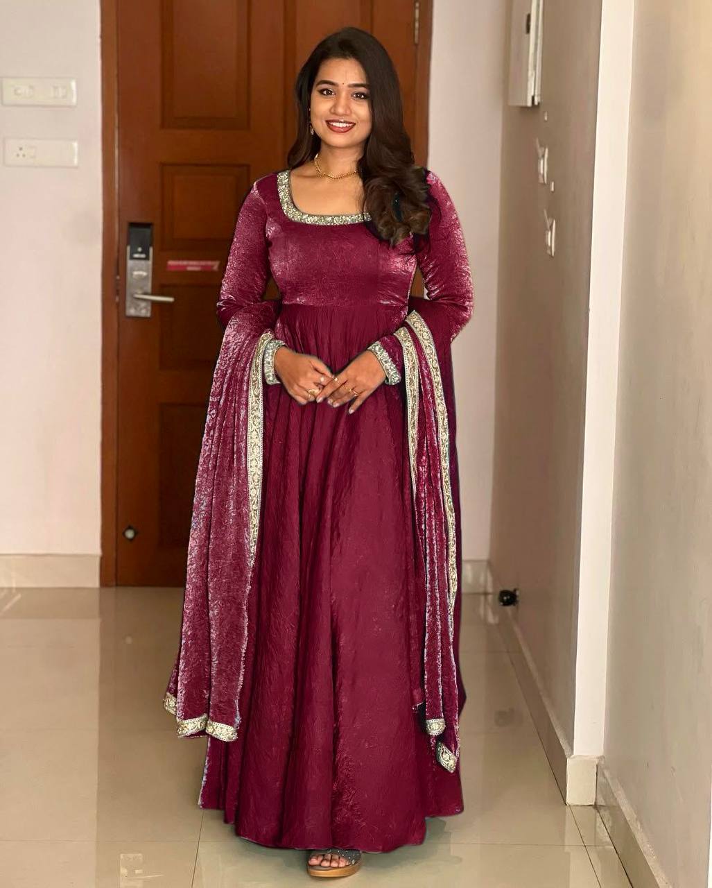 "Royal Elegance: Heavy Fandy Silk Gown with Embroidery Sequence Work & Full Flair"