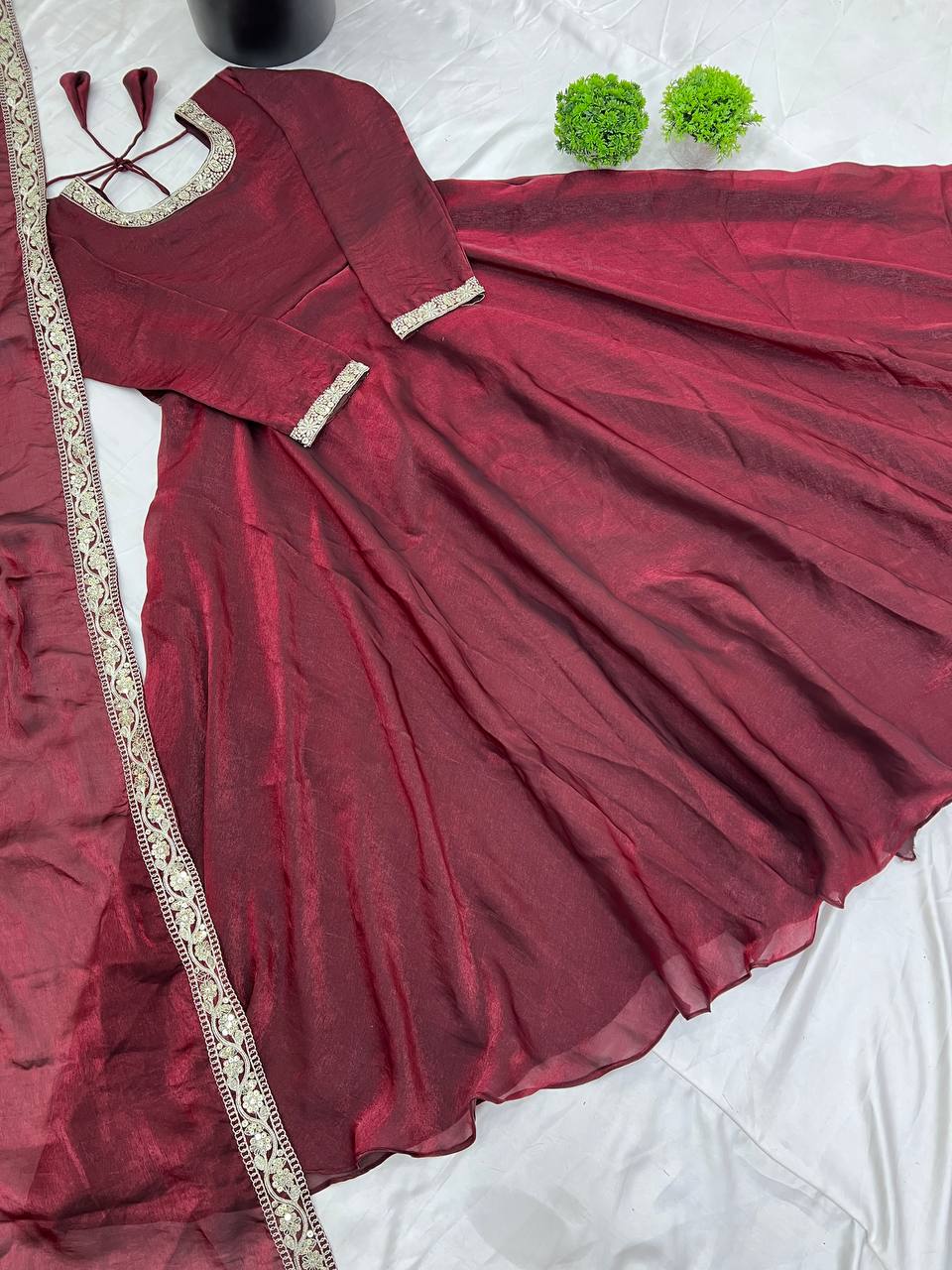 "Royal Elegance: Heavy Fandy Silk Gown with Embroidery Sequence Work & Full Flair"