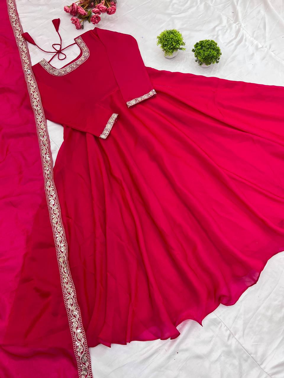 "Royal Elegance: Heavy Fandy Silk Gown with Embroidery Sequence Work & Full Flair"