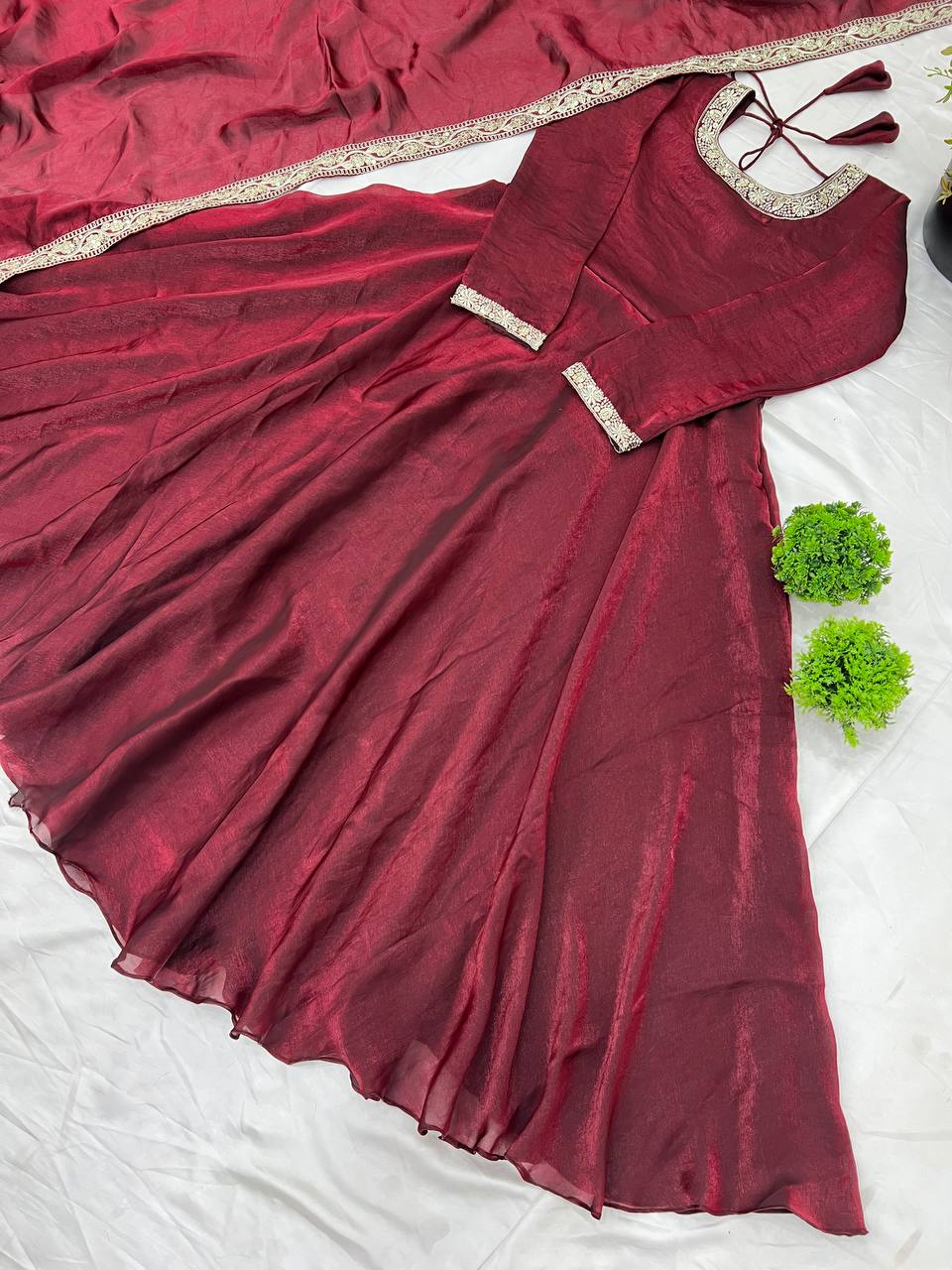 "Royal Elegance: Heavy Fandy Silk Gown with Embroidery Sequence Work & Full Flair"