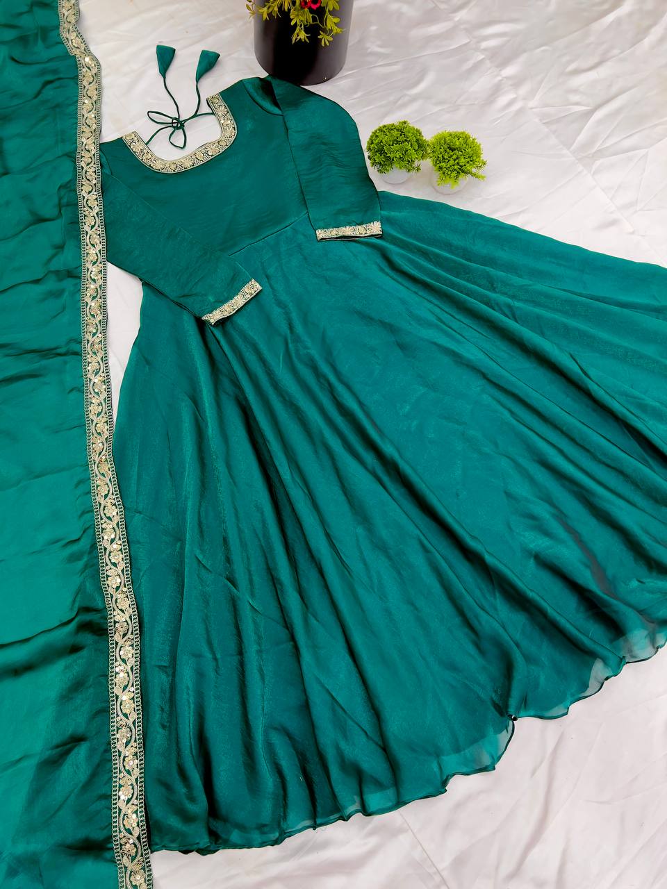 "Royal Elegance: Heavy Fandy Silk Gown with Embroidery Sequence Work & Full Flair"