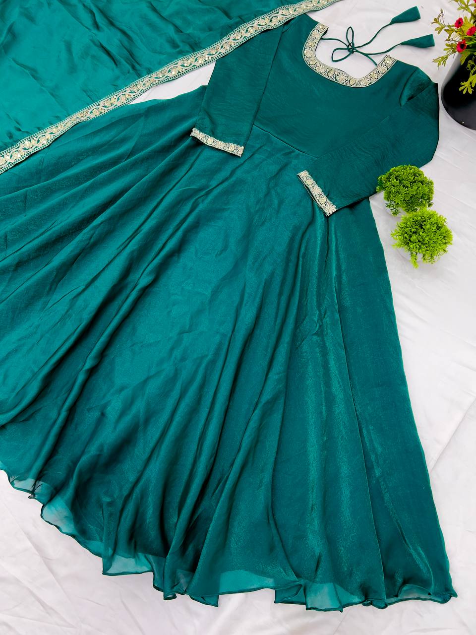 "Royal Elegance: Heavy Fandy Silk Gown with Embroidery Sequence Work & Full Flair"