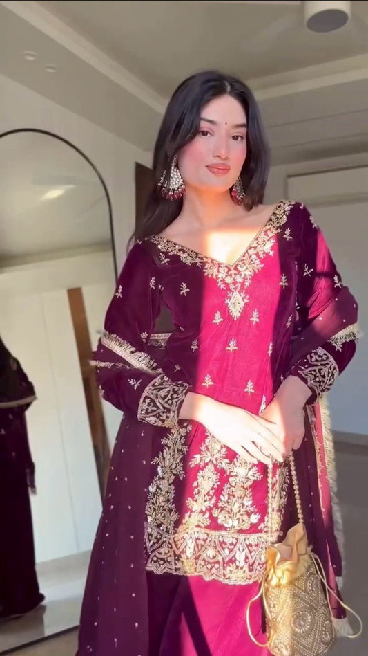 "Foux Gorgette Elegance: Embroidered Top, Plazo & Dupatta Set"