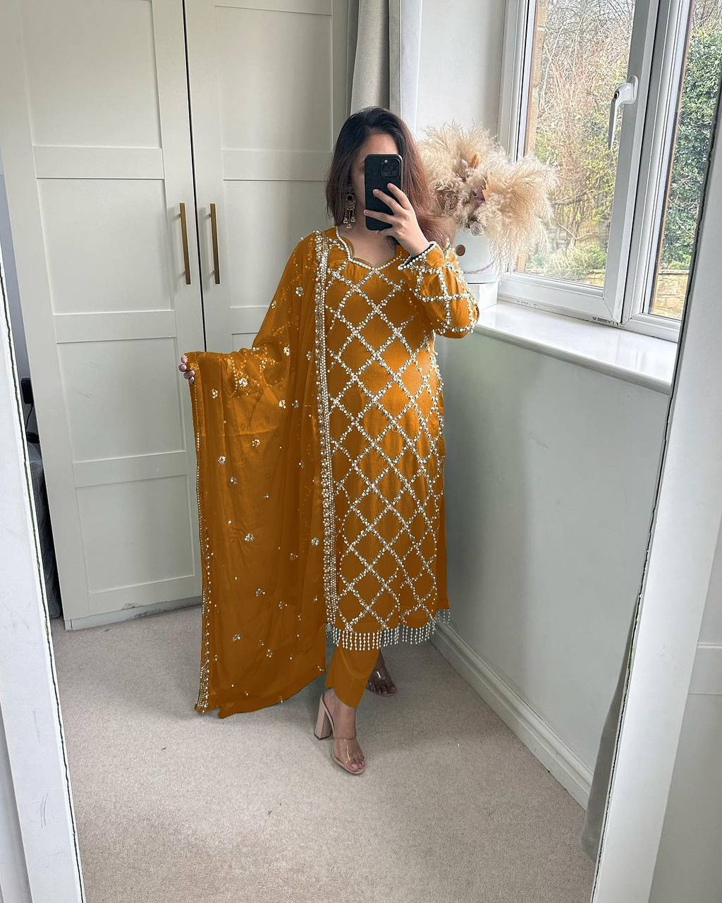 "Elegant Fox Georgette Suit Set with Handwork Sequence Embroidery, Moti Lace Sleeves, and Embroidered Dupatta"