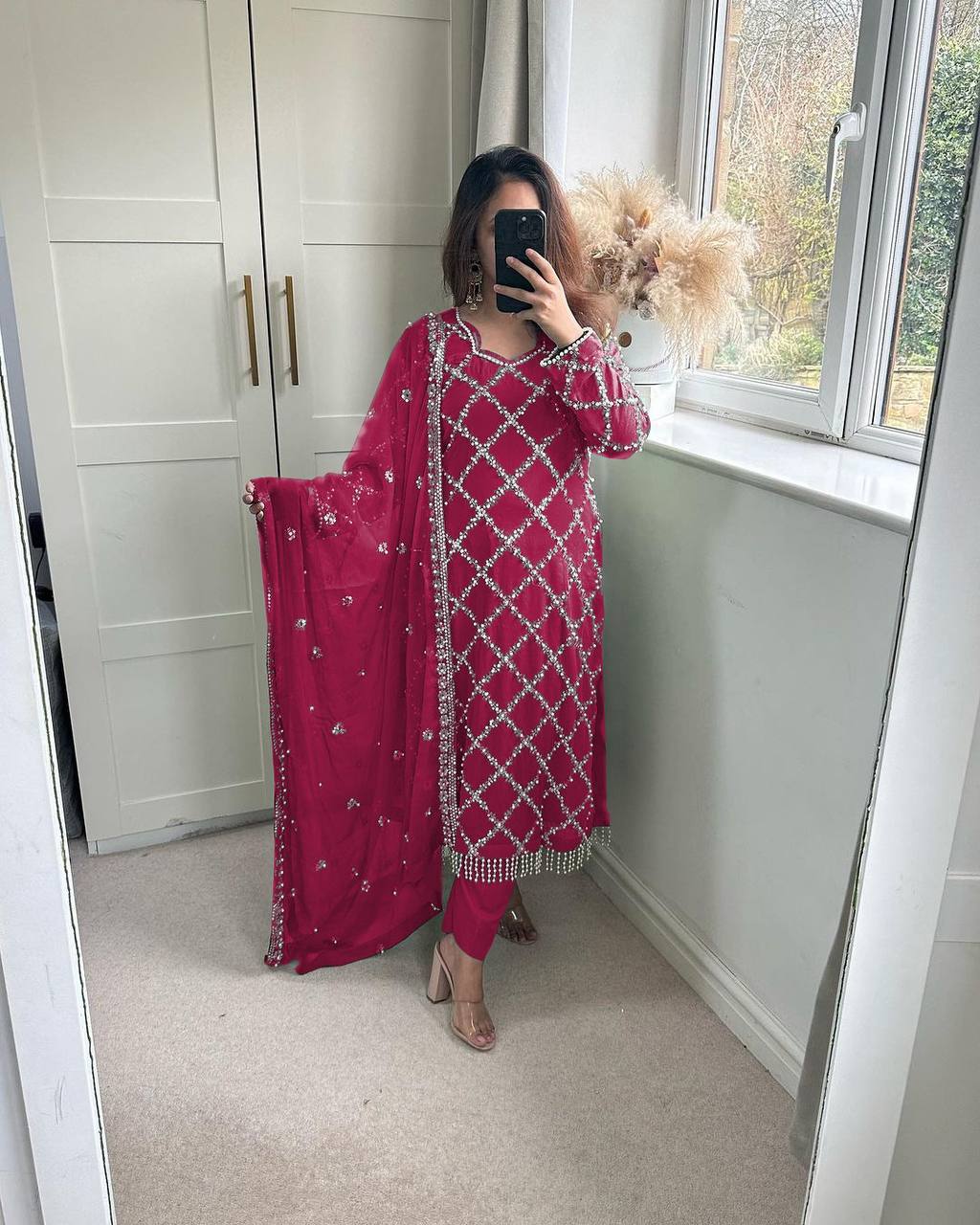 "Elegant Fox Georgette Suit Set with Handwork Sequence Embroidery, Moti Lace Sleeves, and Embroidered Dupatta"