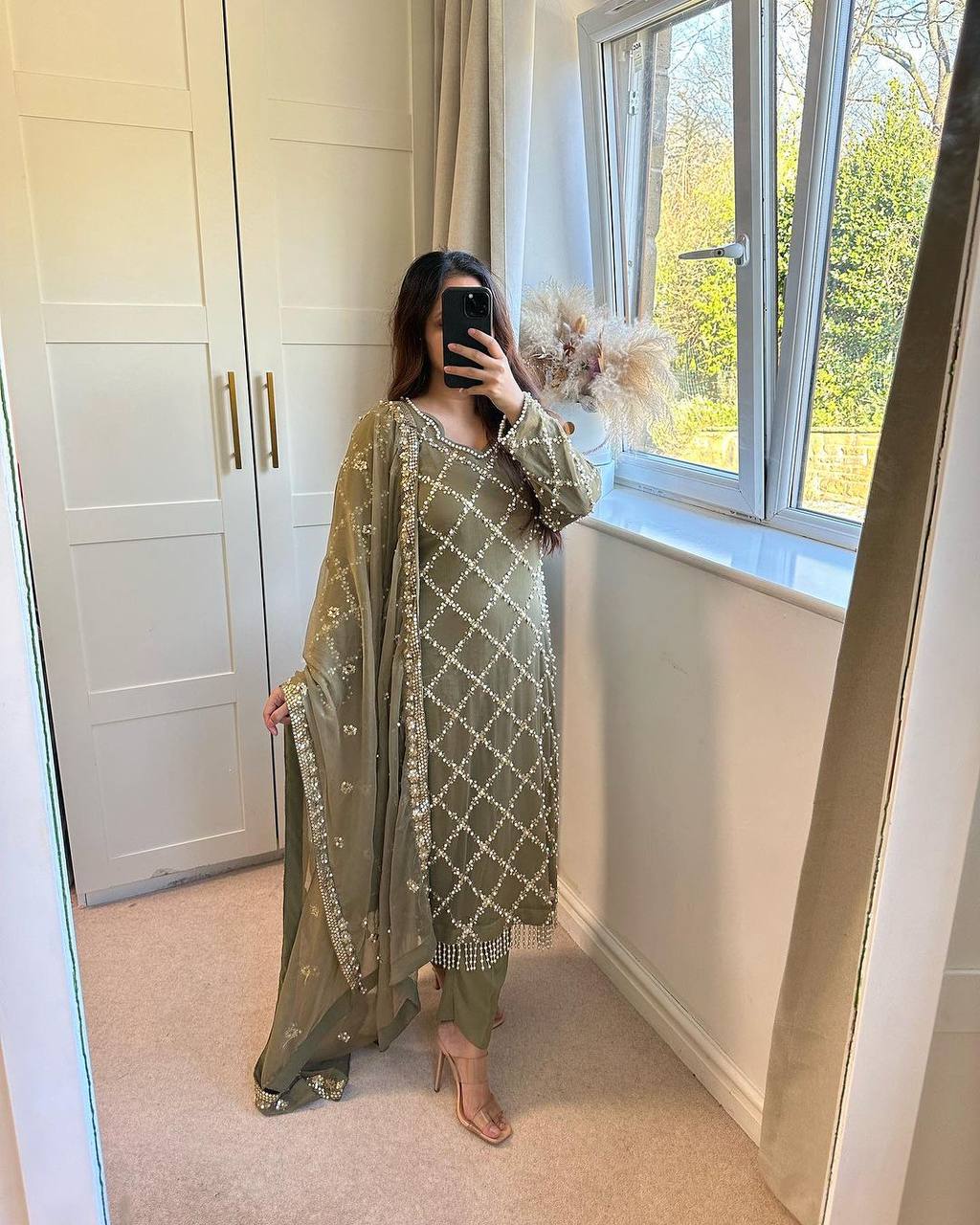 "Elegant Fox Georgette Suit Set with Handwork Sequence Embroidery, Moti Lace Sleeves, and Embroidered Dupatta"