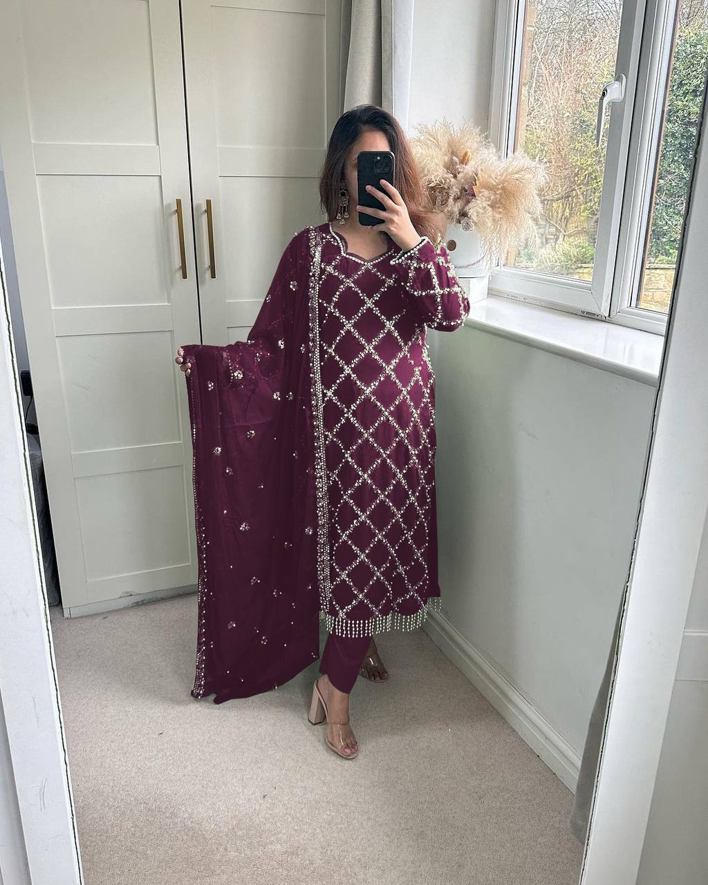 "Elegant Fox Georgette Suit Set with Handwork Sequence Embroidery, Moti Lace Sleeves, and Embroidered Dupatta"