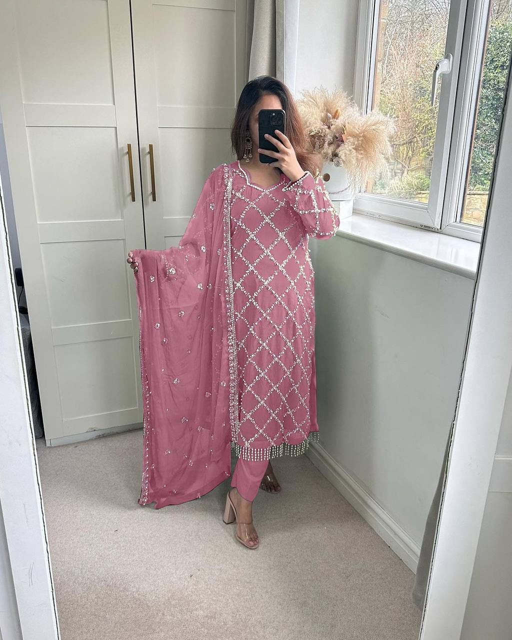 "Elegant Fox Georgette Suit Set with Handwork Sequence Embroidery, Moti Lace Sleeves, and Embroidered Dupatta"