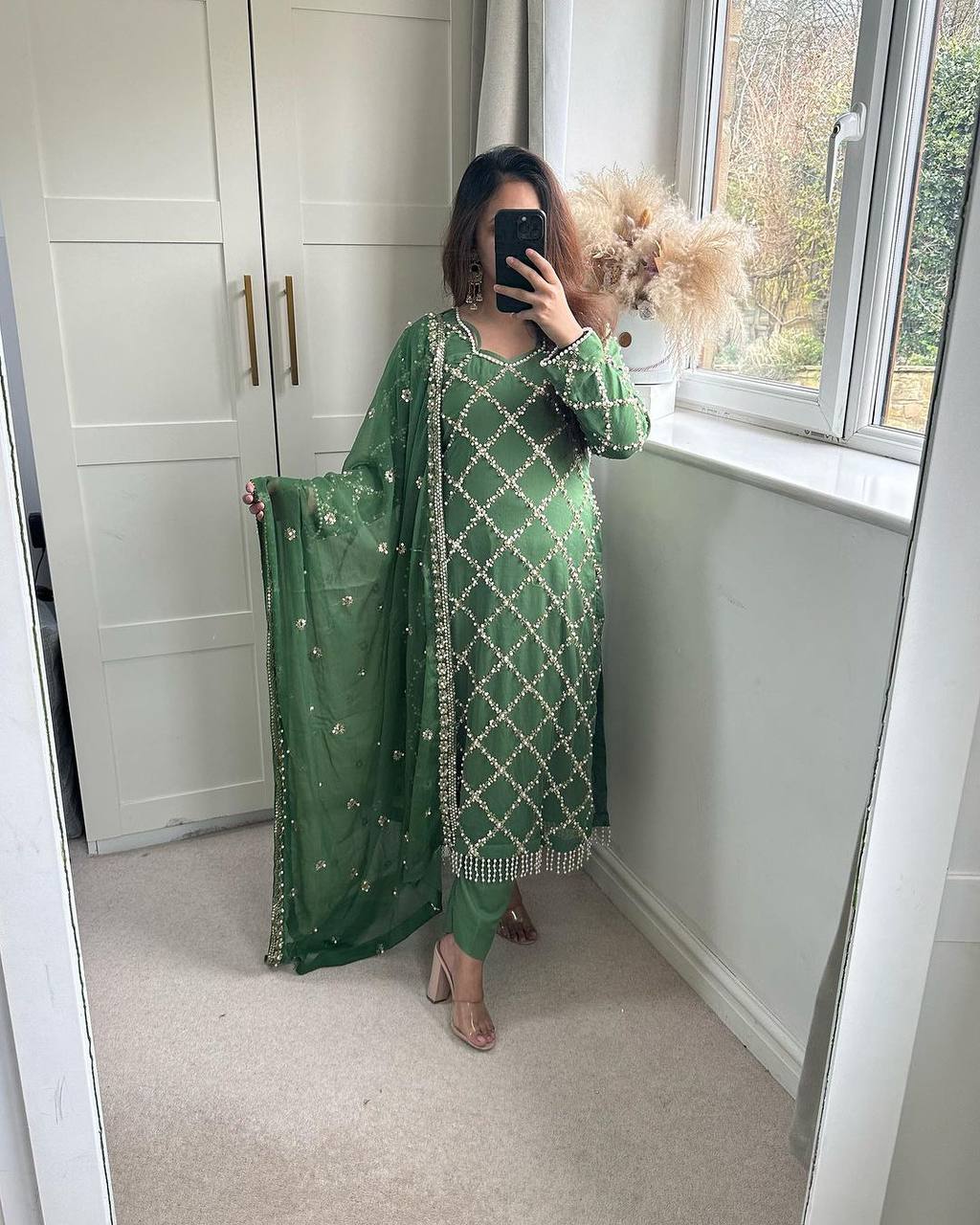 "Elegant Fox Georgette Suit Set with Handwork Sequence Embroidery, Moti Lace Sleeves, and Embroidered Dupatta"