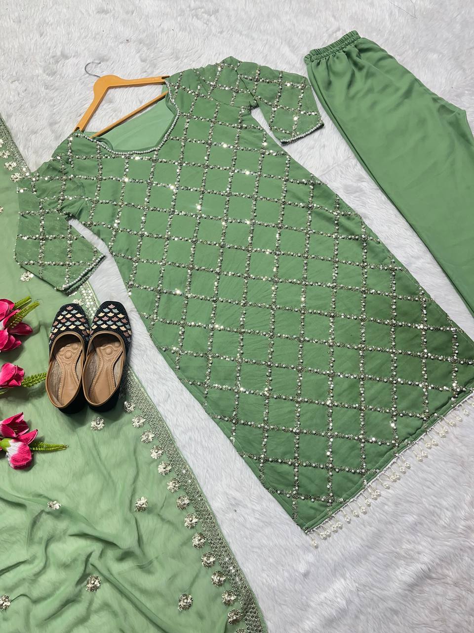 "Elegant Fox Georgette Suit Set with Handwork Sequence Embroidery, Moti Lace Sleeves, and Embroidered Dupatta"